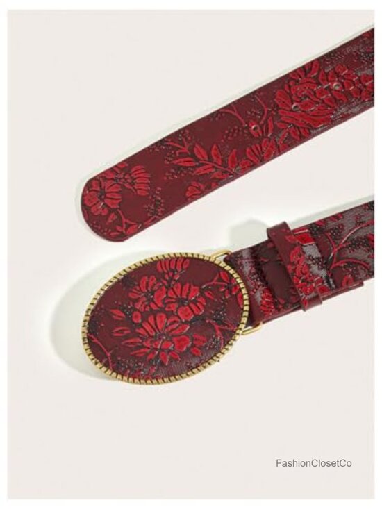 Vintage Floral Oval Buckle PU Leather Belt main image 4